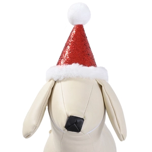 Sparkly red sequin Christmas hat for pets with white plush trim and fuzzy pom pom