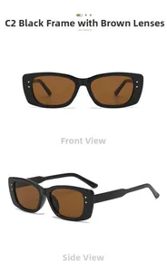 Detail view of Y2K square sunglasses with black frame and brown lenses and metal studs