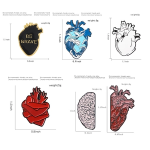 Detailed size chart for assorted enamel heart and brain lapel pins with Be Brave text