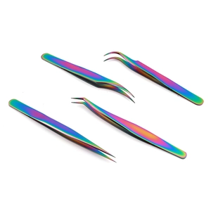 Professional 4-piece rainbow stainless steel eyelash extension tweezers set on white background
