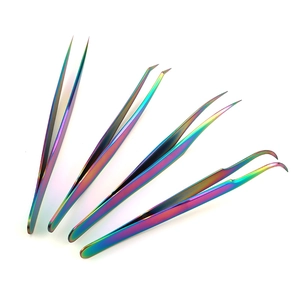 Rainbow eyelash tweezers set with straight and curved tips for precision lash extension
