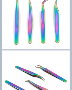 Detail of 9 rainbow stainless steel eyelash extension tweezers with various precision tips