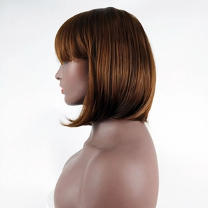 Side view of short brown bob wig with bangs showing natural smooth hair texture
