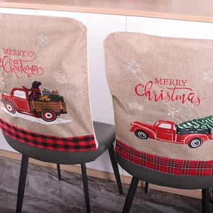 Linen Christmas chair covers featuring vintage red truck and festive tree patterns