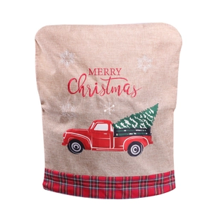 Christmas burlap chair cover with vintage red truck print and Merry Christmas text