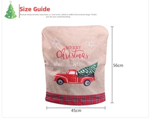 Christmas burlap chair cover with red truck design and tartan border, size 56x45cm