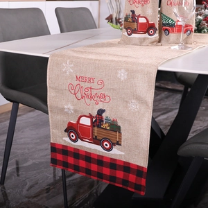 Linen Christmas table runner with vintage red truck, buffalo plaid edges and Merry Christmas text
