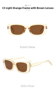 Detail view of Y2K square sunglasses in translucent light orange with tea-colored lenses