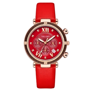 Red leather strap quartz watch for women with rose gold case and date display