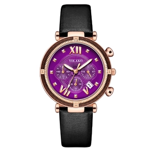 Elegant women's quartz watch with purple sunray dial, rose gold case, and black leather strap