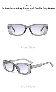 Detailed views of transparent grey square sunglasses with gradient grey lenses and metal studs