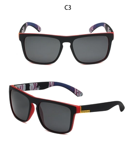 Detail of C3 sports sunglasses with black-red frame, polarized lenses, and temple patterns