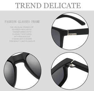 Detail view of polarized lenses with matte black rectangular frame and metal temple accents