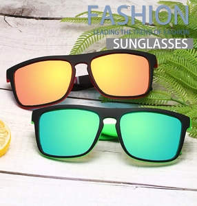 Polarized sports sunglasses with red and green mirrored lenses and matte plastic frames