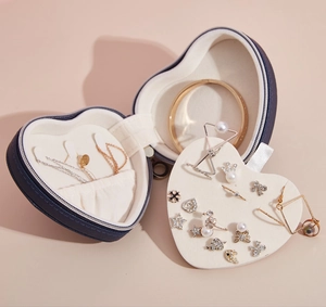 Detail of a heart-shaped jewelry box with earring holder and necklace hooks.
