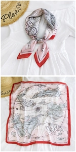 Detail of pink and grey nautical map silk scarf with compass print and red border edge