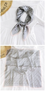 Gray silk square scarf with geometric triangle patterns shown in worn and flat views