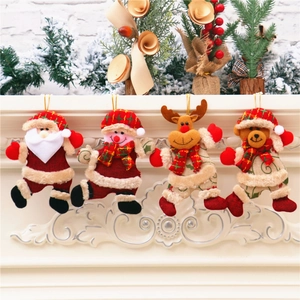 Set of 4 Christmas plush ornaments featuring Santa, Snowman, Reindeer, and Bear on a tree