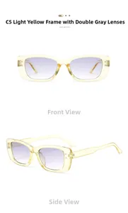 Detail view of Y2K narrow square sunglasses with transparent yellow frame and grey lenses