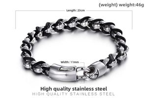 Detail view of steel link and black leather bracelet with dimensions 23cm long and 11mm wide