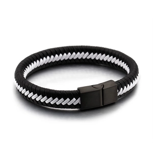 Bracelet tressé en cuir véritable pour hommes avec cordon noir et blanc et fermoir en métal