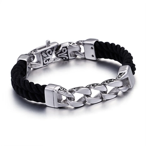 Men Retro Bracelet With 316L Stainless Steel Totem Engraved Clasp And Double Layer Black Braided Rope Gothic Jewelry