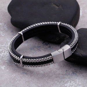 Men's multilayer black braided leather bracelet with silver steel chains and magnetic clasp