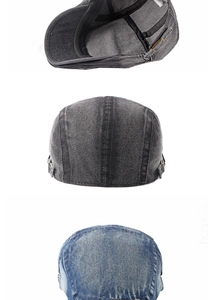Dettaglio cappello in denim lavato con fibbia in metallo regolabile e fodera interna nera