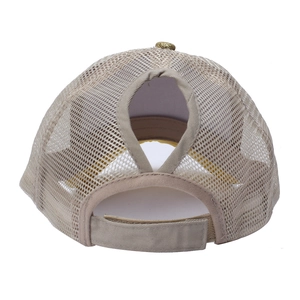 Beige high ponytail mesh baseball cap with back opening for buns and velcro strap