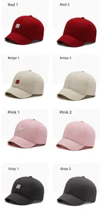 Short brim cotton baseball caps shown in red, beige, pink and grey color options