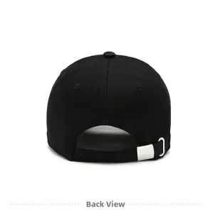 Rear view of black short brim baseball cap showing the adjustable silver metal buckle detail