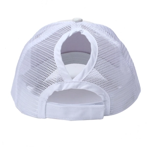 Close-up of the breathable white mesh back and ponytail opening on the baseball cap