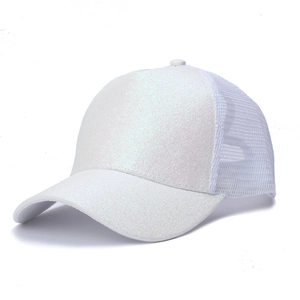 Close-up of white sequin fabric and breathable mesh texture on this baseball cap