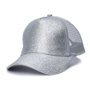 Detail of silver glitter baseball cap featuring grey mesh back and shiny sequin texture