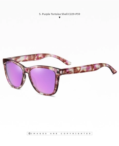 Detail of purple tortoiseshell sunglasses with purple mirrored lenses and metal hinges