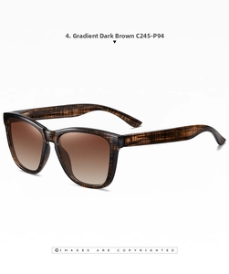 Detail view of tea stripe polarized sunglasses frame with gradient brown lenses