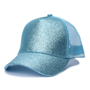 Close-up of sky blue sequin mesh trucker hat with breathable fabric and glitter finish