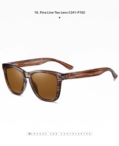 Detail view of square sunglasses featuring brown wood grain texture and tinted lenses