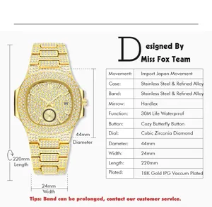 Size chart showing 44mm dial diameter and 18K gold plated watch technical specifications