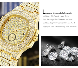Detail of 18K gold-plated iced-out watch with luxury CZ stones and octagonal bezel