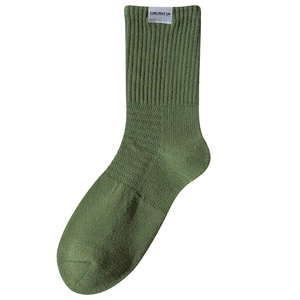 Army green breathable cotton crew socks with Sunlight Up fabric label for men