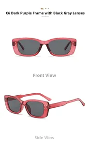 Detail view of Y2K rectangle purple sunglasses with rice nails and grey lenses