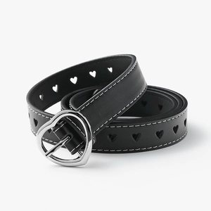 Women's black leather belt with silver heart buckle and heart-shaped cutout design