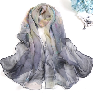 Elegant summer lotus print silk scarf for women featuring artistic ink floral pattern