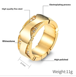 Macro detail of 8.7mm gold plated stainless steel ring with crystal rhinestone inlay