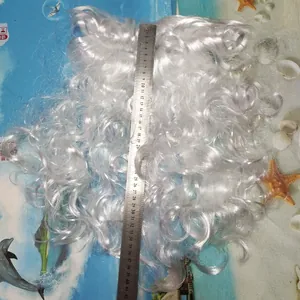 Detailed view of 42cm white Santa Claus curly wig and beard set with measuring ruler