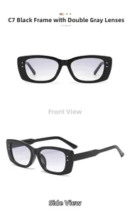 Detailed views of black rectangle sunglasses with gradient lenses and silver rivet studs