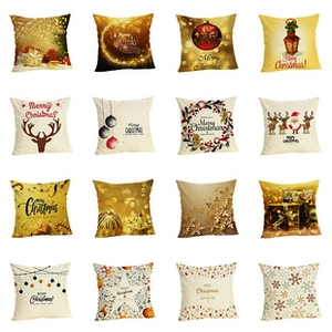 Collage of 16 decorative Christmas pillow covers with festive prints and holiday greetings