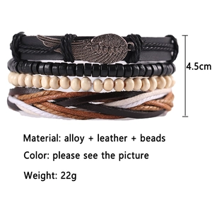 Multilayer leather bracelet set with wing charm and wooden beads in stacking style