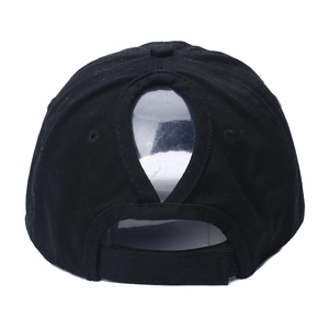 Rear view of black ponytail baseball cap with teardrop opening and velcro strap